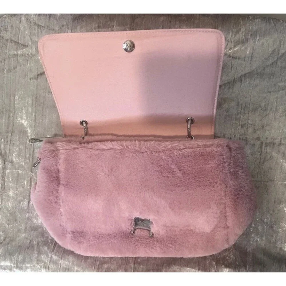 ALDO Pink Faux Fur Handbag Y2K Plush Top Handle Purse Silver Hardware